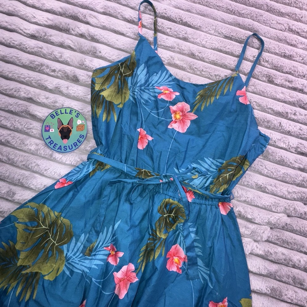 Banana Bay Large Hawaiian Fit & Flare Blue‎ Floral Dress Made In Hawaii VTG